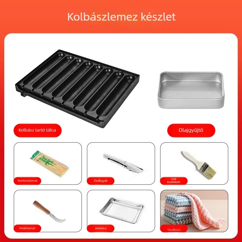 8-csöves kolbász grilllemez, alumínium, négyzet alakú, sajtolt kialakítás, multifunkcionális, hordozható, könnyen tisztítható
