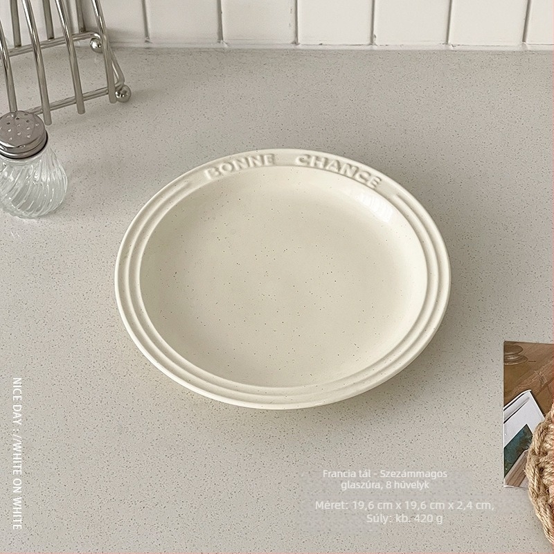 Desszertes tál kettős füllel – porcelán étkészlet, csíkos minta, koreai stílus, kör alakú forma, mázas felület