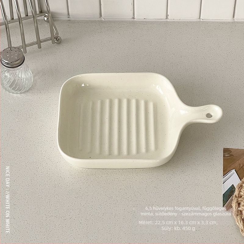 Desszertes tál kettős füllel – porcelán étkészlet, csíkos minta, koreai stílus, kör alakú forma, mázas felület