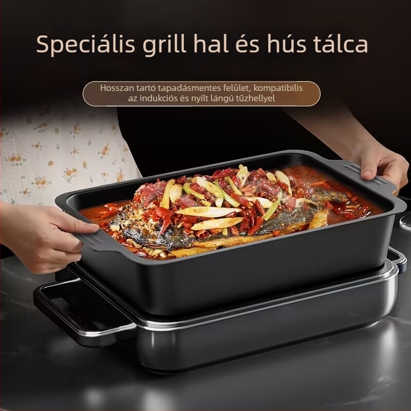 Szénacél halas grill tál, csíkos mintázat, négyszögletes forma, egy darabból készült felület, nem mikrohullámú sütőhöz való