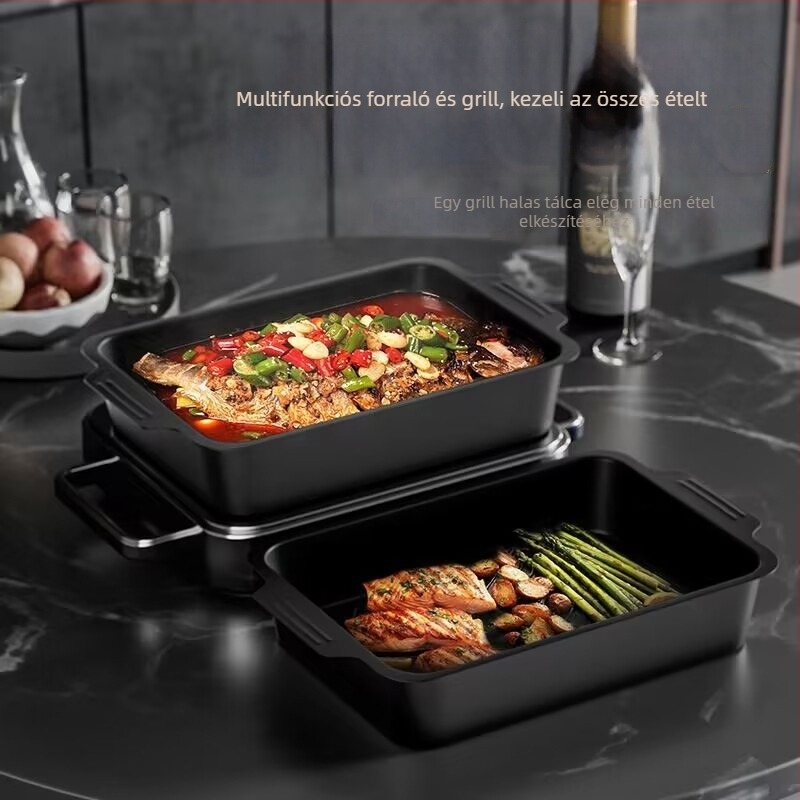 Szénacél halas grill tál, csíkos mintázat, négyszögletes forma, egy darabból készült felület, nem mikrohullámú sütőhöz való