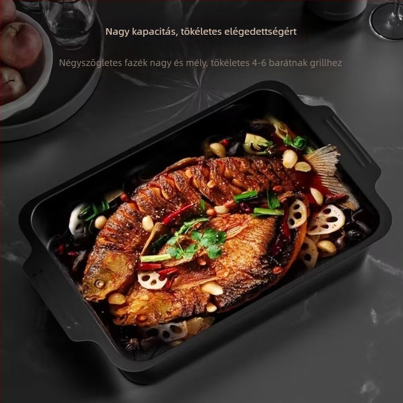 Szénacél halas grill tál, csíkos mintázat, négyszögletes forma, egy darabból készült felület, nem mikrohullámú sütőhöz való