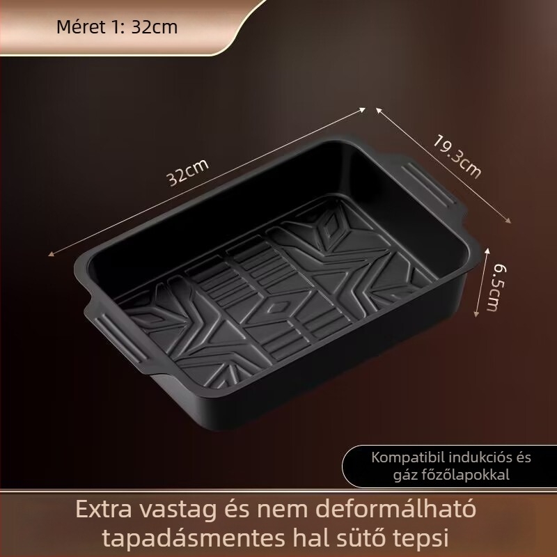 Szénacél halas grill tál, csíkos mintázat, négyszögletes forma, egy darabból készült felület, nem mikrohullámú sütőhöz való