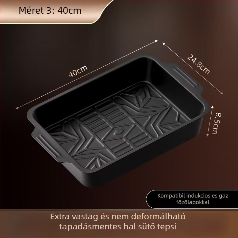 Szénacél halas grill tál, csíkos mintázat, négyszögletes forma, egy darabból készült felület, nem mikrohullámú sütőhöz való