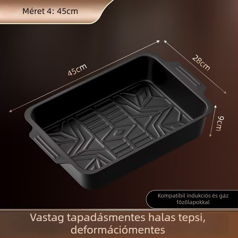 Szénacél halas grill tál, csíkos mintázat, négyszögletes forma, egy darabból készült felület, nem mikrohullámú sütőhöz való
