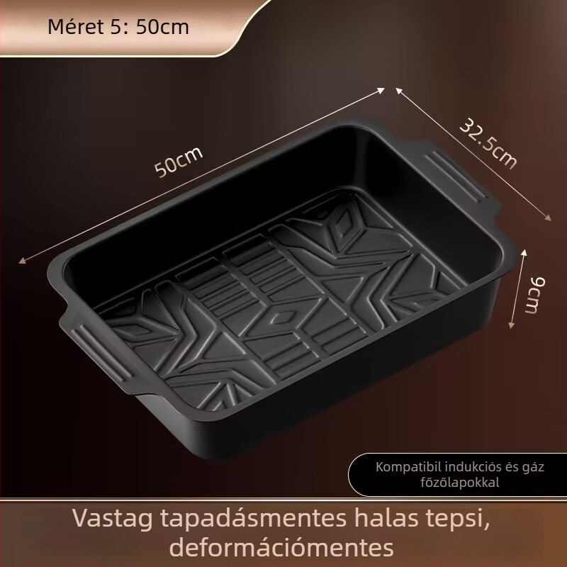 Szénacél halas grill tál, csíkos mintázat, négyszögletes forma, egy darabból készült felület, nem mikrohullámú sütőhöz való