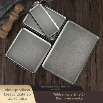Vintage rozsdamentes acél téglalap alakú tál, ipari retro stílus, egyszínű mintázat, mikróbarát