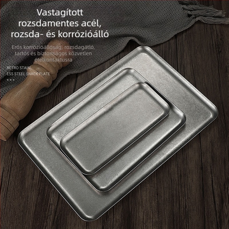 Vintage rozsdamentes acél téglalap alakú tál, ipari retro stílus, egyszínű mintázat, mikróbarát