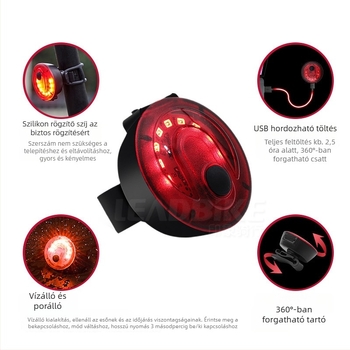 Kerékpár hátsó lámpa, tölthető, nagy fényerejű, riasztó fény, A10 modell, Leadbike/Impression Riding