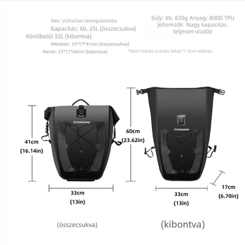 Kerékpár táska hátsó csomagtartóhoz, TPU, vízálló, modell 1624, kapacitás 25, belső béléses