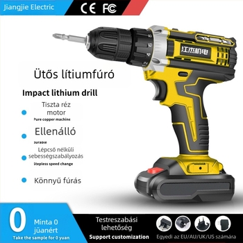 Hordozható akkumulátoros fúró kefés motorral, 48V Li‑ion akkumulátor, egyenes tengellyel, univerzális tokmány, háztartási használatra (6 hónap garancia)