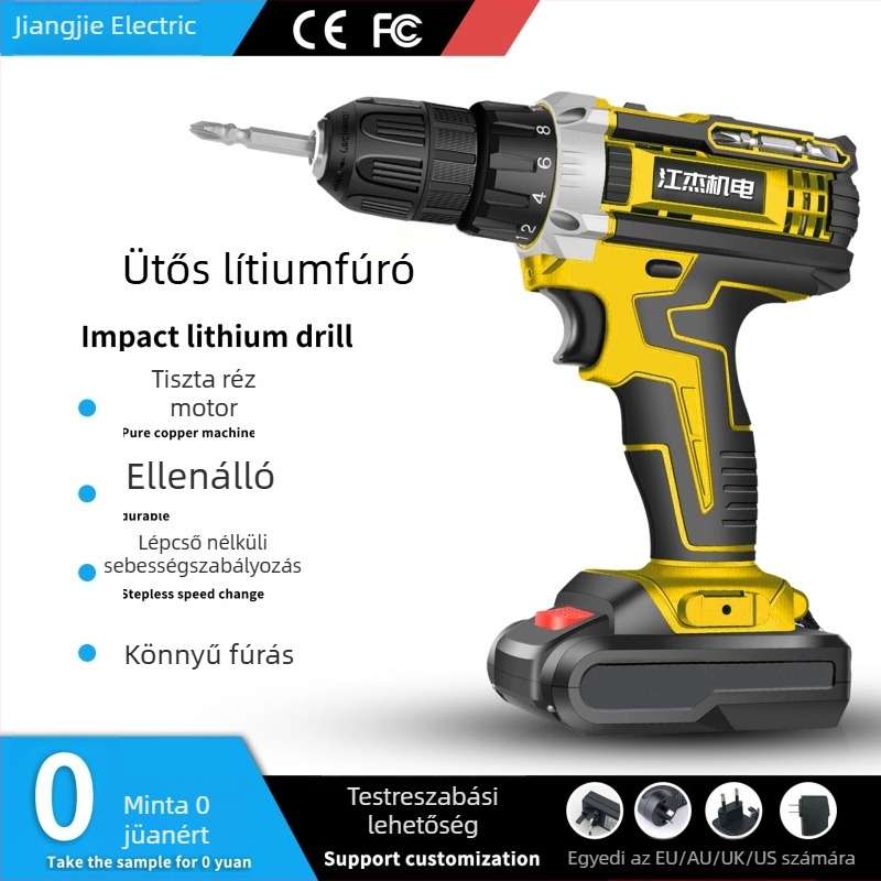 Hordozható akkumulátoros fúró kefés motorral, 48V Li‑ion akkumulátor, egyenes tengellyel, univerzális tokmány, háztartási használatra (6 hónap garancia)