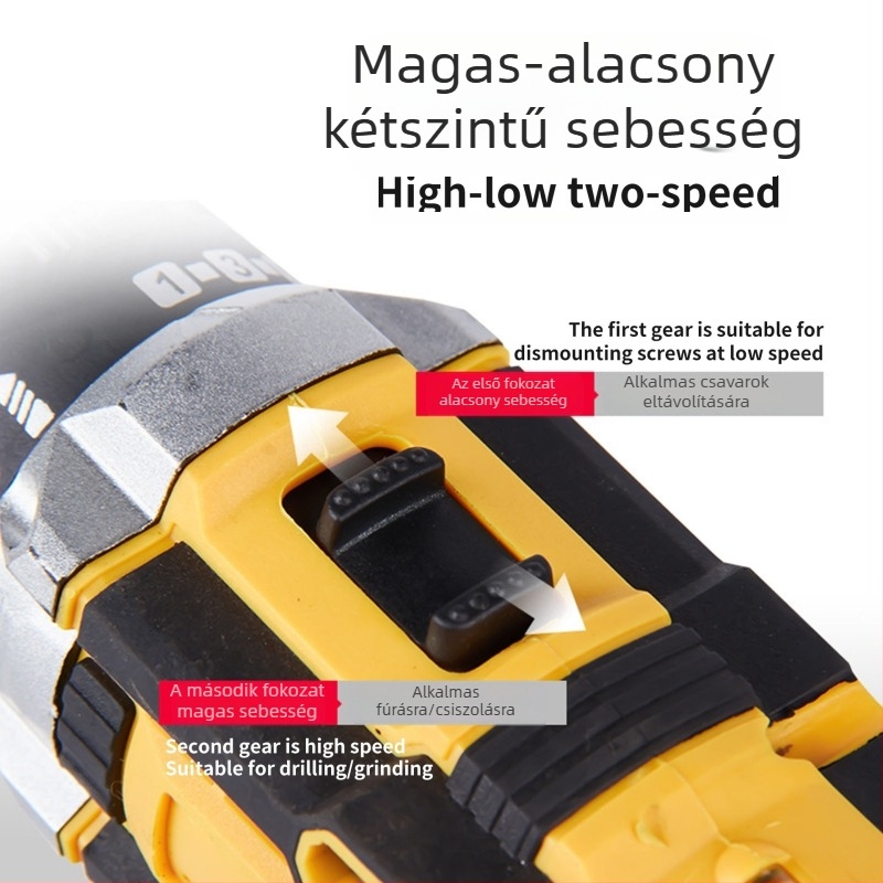 Hordozható akkumulátoros fúró kefés motorral, 48V Li‑ion akkumulátor, egyenes tengellyel, univerzális tokmány, háztartási használatra (6 hónap garancia)