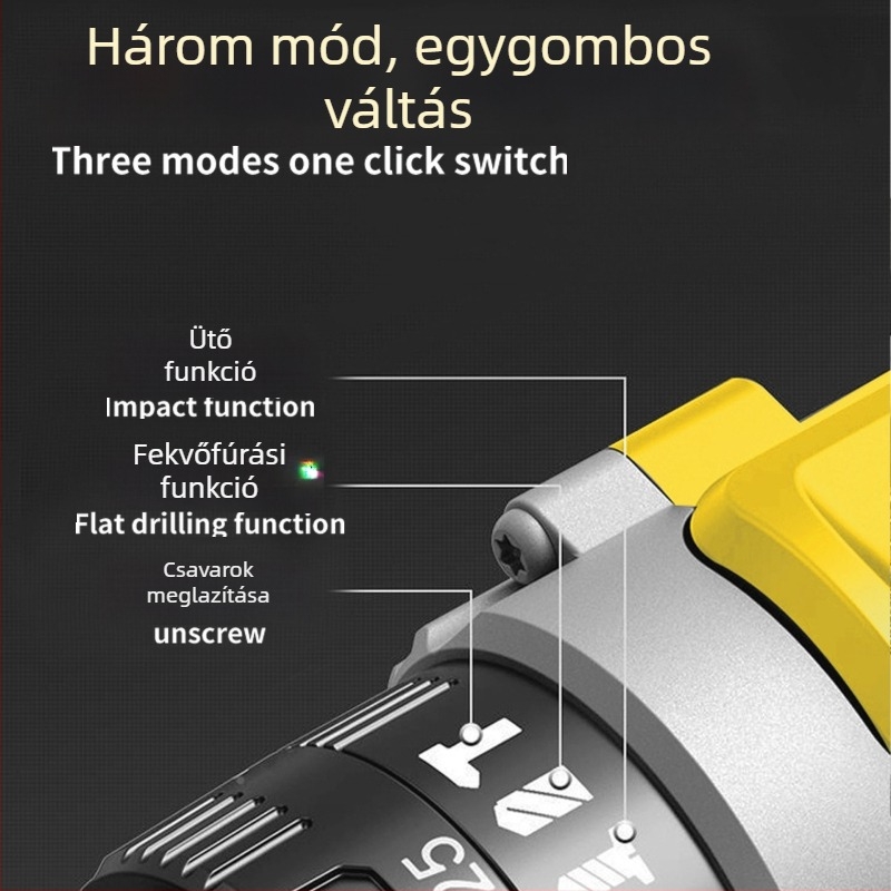 Hordozható akkumulátoros fúró kefés motorral, 48V Li‑ion akkumulátor, egyenes tengellyel, univerzális tokmány, háztartási használatra (6 hónap garancia)