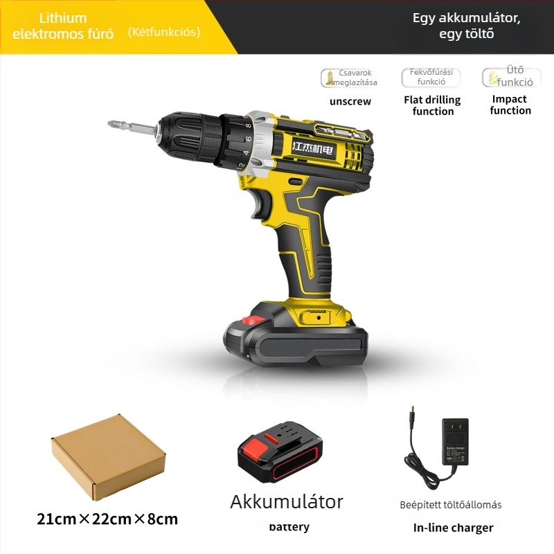 Hordozható akkumulátoros fúró kefés motorral, 48V Li‑ion akkumulátor, egyenes tengellyel, univerzális tokmány, háztartási használatra (6 hónap garancia)