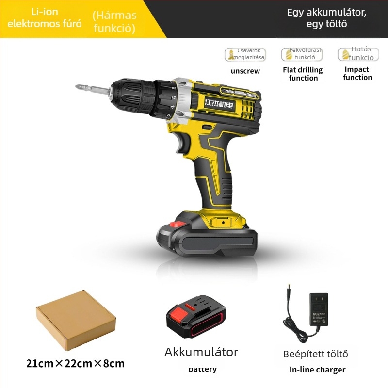 Hordozható akkumulátoros fúró kefés motorral, 48V Li‑ion akkumulátor, egyenes tengellyel, univerzális tokmány, háztartási használatra (6 hónap garancia)