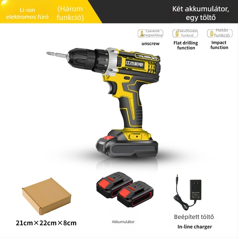 Hordozható akkumulátoros fúró kefés motorral, 48V Li‑ion akkumulátor, egyenes tengellyel, univerzális tokmány, háztartási használatra (6 hónap garancia)