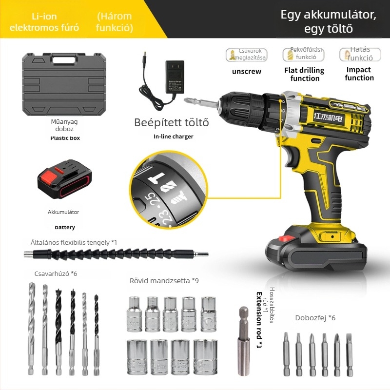 Hordozható akkumulátoros fúró kefés motorral, 48V Li‑ion akkumulátor, egyenes tengellyel, univerzális tokmány, háztartási használatra (6 hónap garancia)