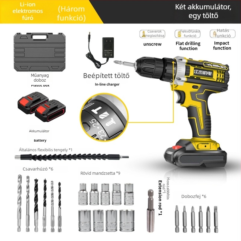 Hordozható akkumulátoros fúró kefés motorral, 48V Li‑ion akkumulátor, egyenes tengellyel, univerzális tokmány, háztartási használatra (6 hónap garancia)