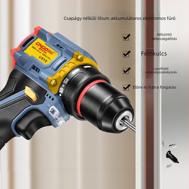 Brushless Li-ion akkumulátoros kézi fúró, 16.8V, pisztoly fogantyú, önzáró tokmány, fokozatmentes sebességszabályozás