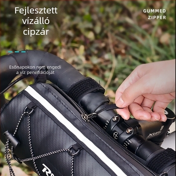 Hegyikerékpár felsőcsöves táska, vízlepergető PU anyagból, vízálló cipzárral, nagy kapacitású tároló