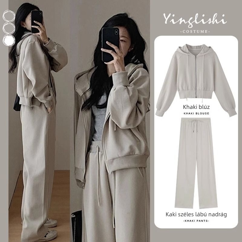 Két darabból álló casual szett geometri mintával, poliészter 80-90%, minimalist Japán-Koreai stílus, hosszú ujjú