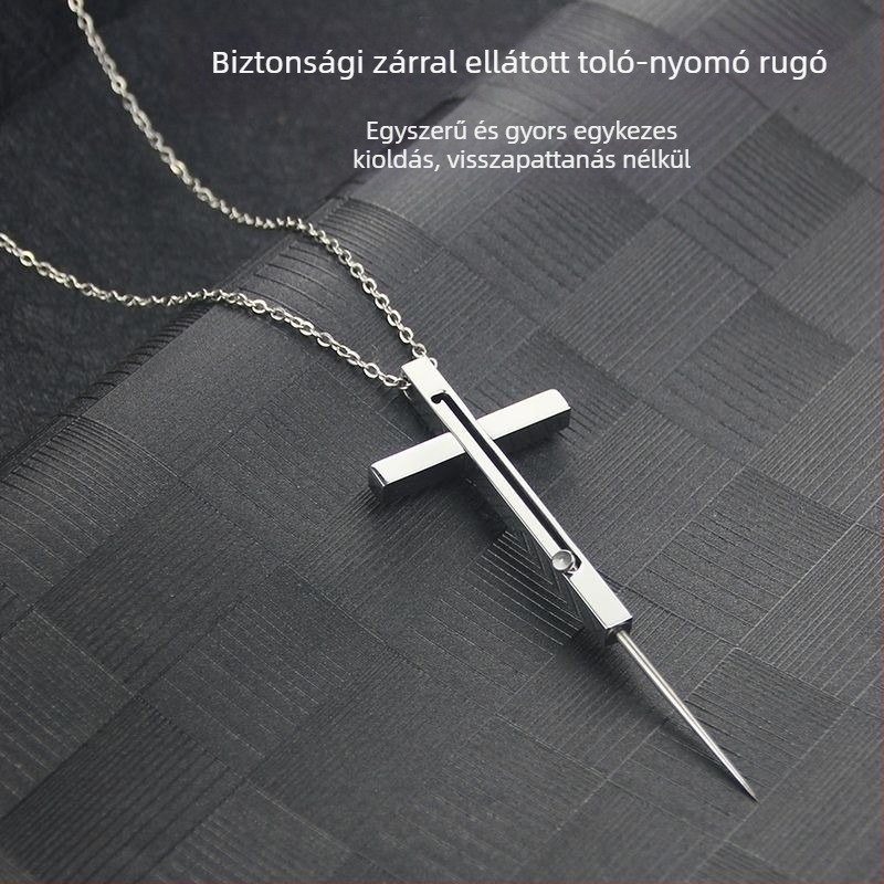 Kereszt nyaklánc önvédelmi eszközzel, teleszkópos fogpiszkálóval, SIM-kártya kioldó tűvel és gyümölcspálcával
