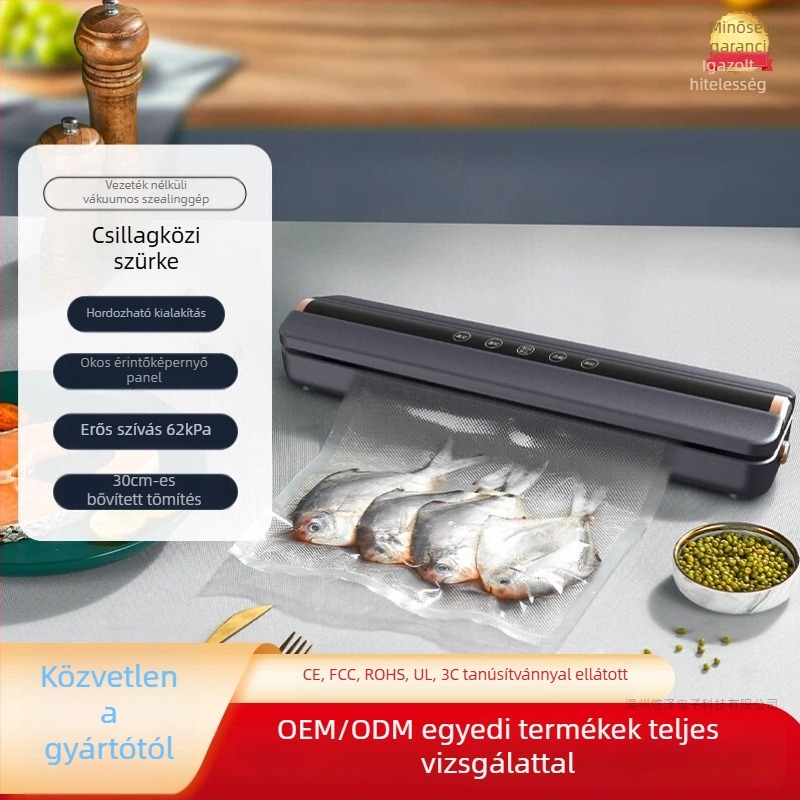 Vezeték nélküli vákuumzáró gép vágóval, automata, csomagolási kapacitás 500 ml, 90W, 7,4V lítium akkumulátor, modell SDW-01