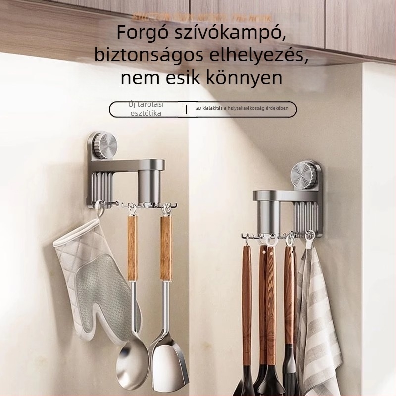 Konyhai falra szerelhető tároló forgó akasztókkal, műanyag, egyszerű és modern dizájn