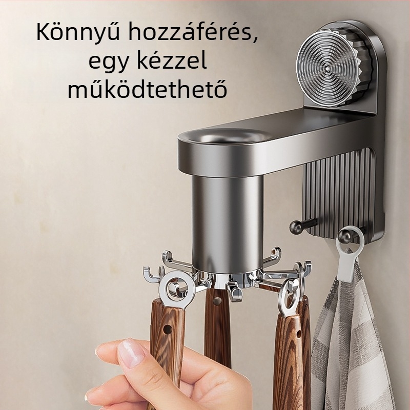 Konyhai falra szerelhető tároló forgó akasztókkal, műanyag, egyszerű és modern dizájn