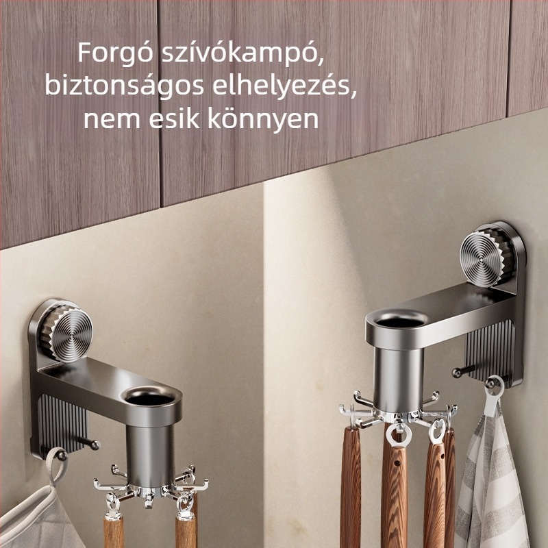 Konyhai falra szerelhető tároló forgó akasztókkal, műanyag, egyszerű és modern dizájn