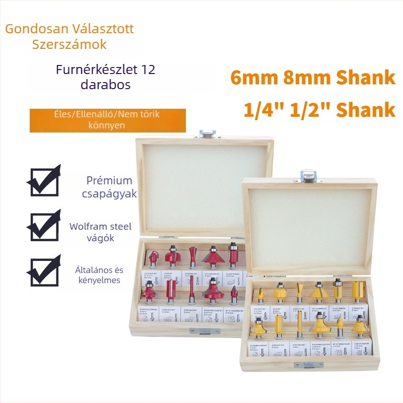 12 darabos faipari maró készlet, frezhezéshez és gravírozáshoz, kompatibilis a marógéppel, fa/MDF/laminált anyagokhoz