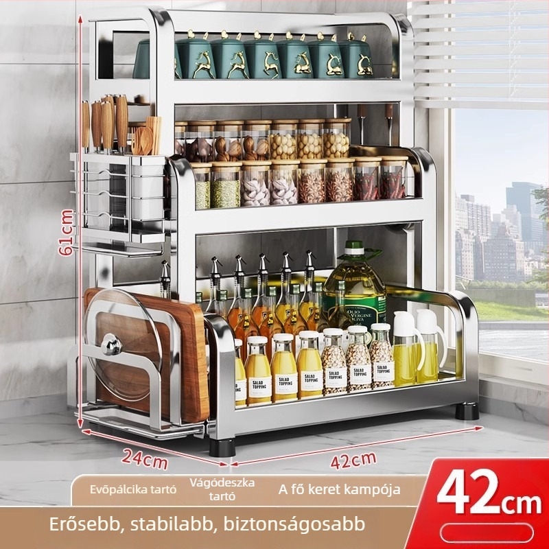 304 rozsdamentes acél konyhai fűszertartó állvány – többfunkciós, téglalap alakú dizájn, fűszerek tárolására