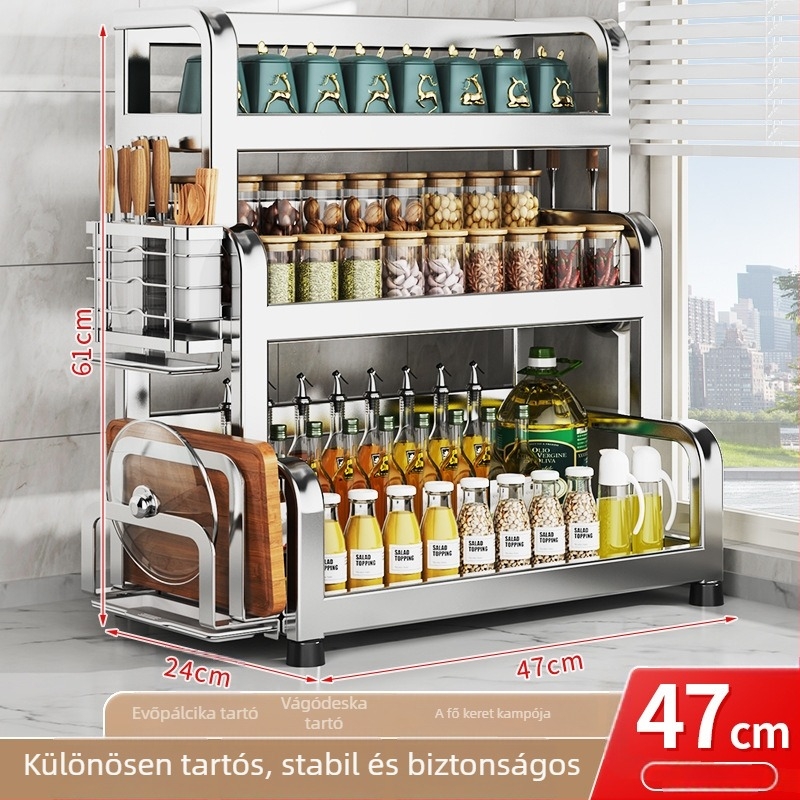 304 rozsdamentes acél konyhai fűszertartó állvány – többfunkciós, téglalap alakú dizájn, fűszerek tárolására