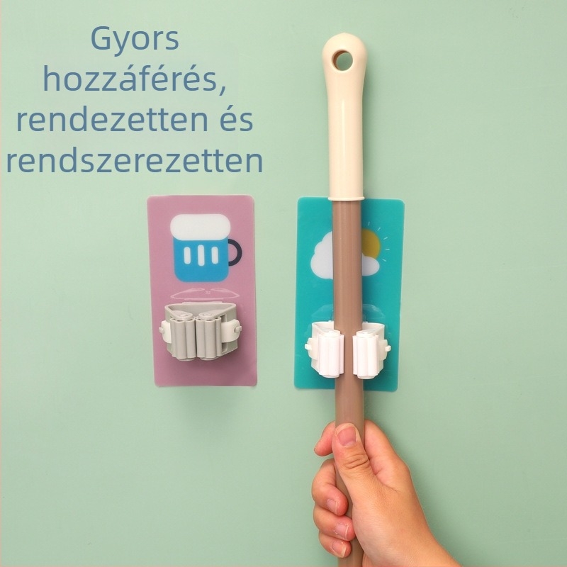 Fúrás nélküli mop tartó kampó – falra szerelhető, sima fürdőszobai tárolás, műanyag, egyes kampó, teherbírás 1–3 kg