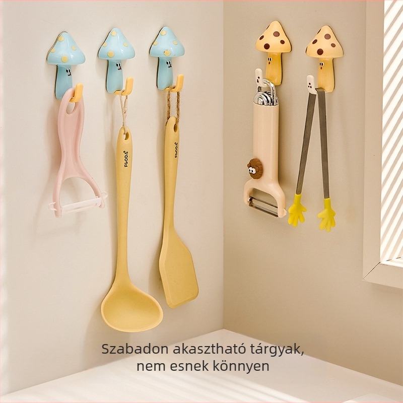 Ragasztó falra akasztható kampó, gomba alakú rajzfilm design, ABS anyag, egyetlen kampó, teherbírás 0–1 kg