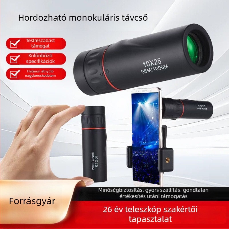 10x25-ös monocular távcső horgászathoz és madármegfigyeléshez, nagyítás, HD, kompakt