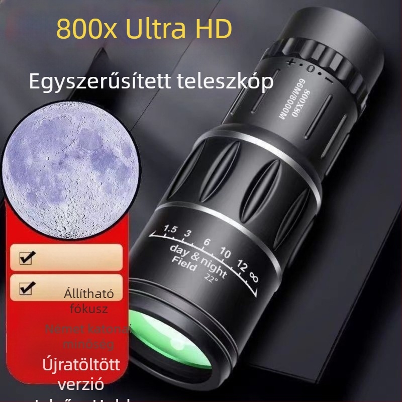 Monokuláris teleszkóp 5x-es nagyítással, 20 mm kilépő pupilla, felbontás 52, Zoom funkció.