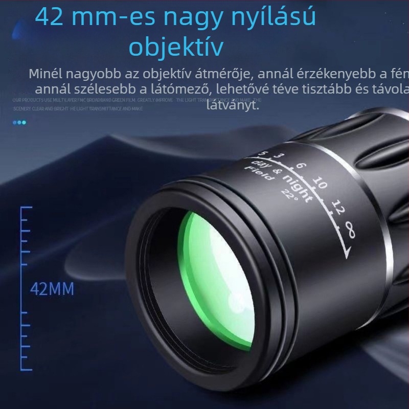 Monokuláris teleszkóp 5x-es nagyítással, 20 mm kilépő pupilla, felbontás 52, Zoom funkció.