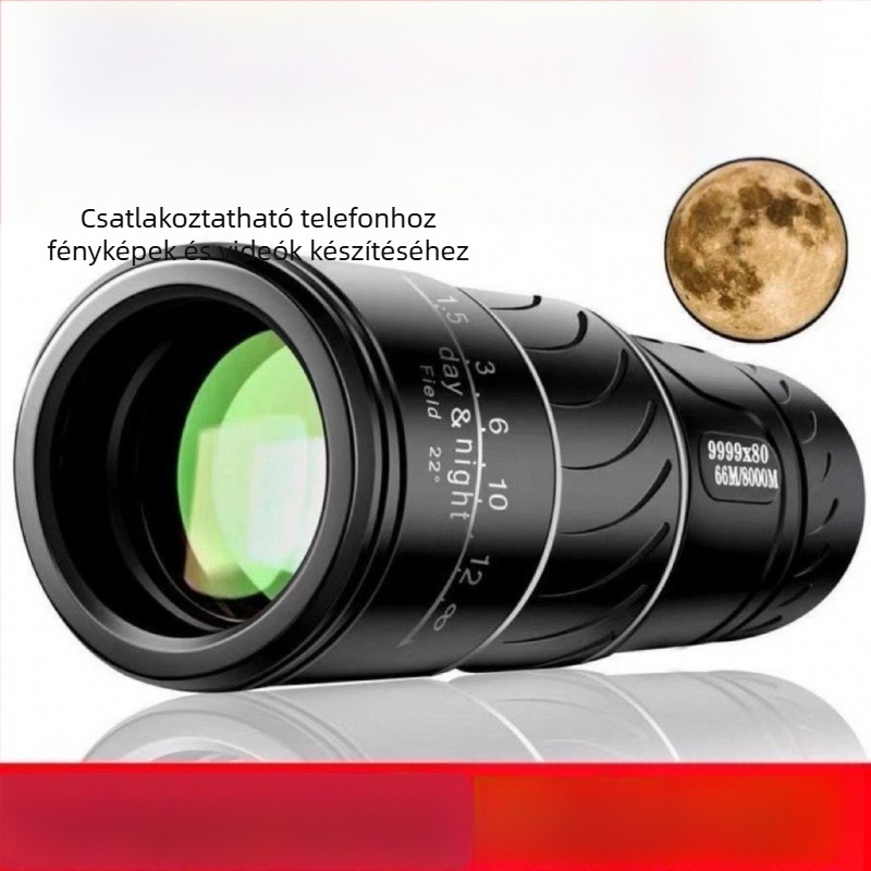 Monokuláris teleszkóp 5x-es nagyítással, 20 mm kilépő pupilla, felbontás 52, Zoom funkció.