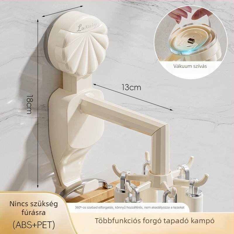 Fali tartó vákuumos rögzítéssel, forgó akasztókkal, konyhai eszközök tárolására