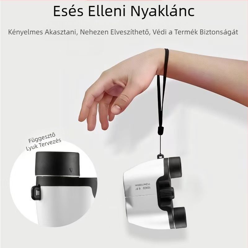 Koncertokra tervezett binokulár nagy okulárral, 10x nagyítás, látómező 8°, kilépő pupilla 8 mm, okostelefon-kompatibilis