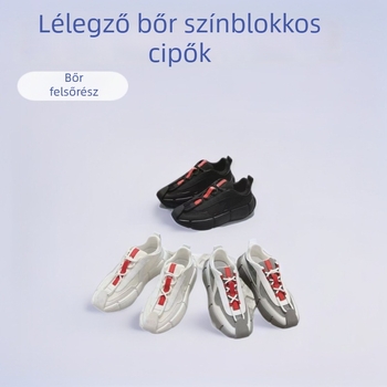 Férfi bőrből készült casual sportcipő, fűzős, színblokkokkal, légáteresztő és vastag talppal