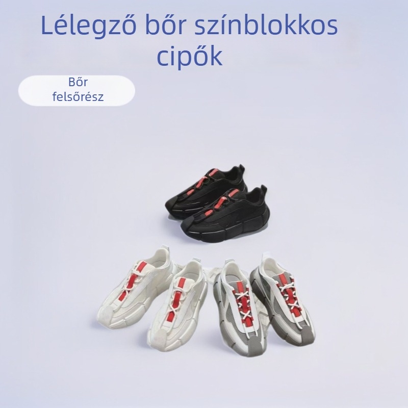 Férfi bőrből készült casual sportcipő, fűzős, színblokkokkal, légáteresztő és vastag talppal
