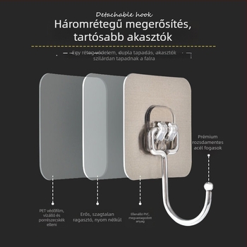 Rozsdamentes acél vállfa, fúrás nélküli, erős ragasztóval falra szerelhető, egyhorgos, modern stílus, teherbírás 3–5 kg, konyha és fürdőszoba