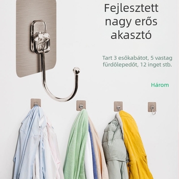 Rozsdamentes acél vállfa, fúrás nélküli, erős ragasztóval falra szerelhető, egyhorgos, modern stílus, teherbírás 3–5 kg, konyha és fürdőszoba