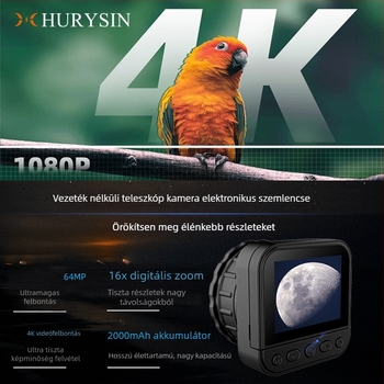 Helysin 2.4G WiFi digitális okulár teleszkópokhoz, 64MP 4K felbontású kamera, állítható kijelző és éjszakai látás