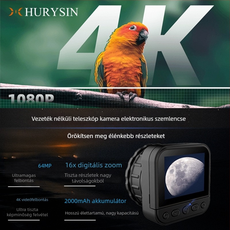 Helysin 2.4G WiFi digitális okulár teleszkópokhoz, 64MP 4K felbontású kamera, állítható kijelző és éjszakai látás