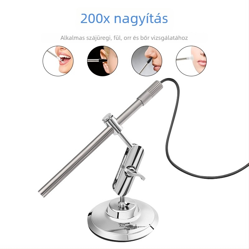 MS100 Hordozható mikroszkóp szem-, fül-, orr- és bőrteszteléshez, ipari ékszerellenőrzés — 200x nagyítás, 70° látómező, 2 MP felbontás