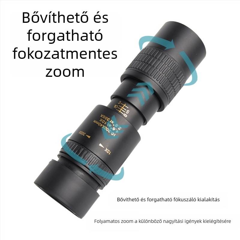 Gyenge fényben zoomoló monocular teleszkóp 10–300×40, HD, kültéri éjszakai látás és telefonos fotózás koncerthez